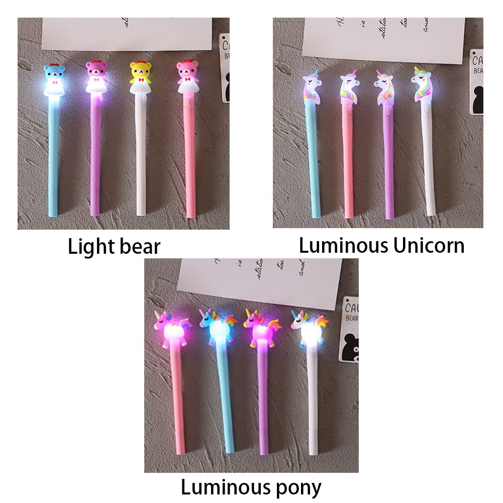 TK 1Pc Pulpen Gel Bentuk Beruang/Unicorn dengan Lampu LED untuk Pelajar/Hadiah