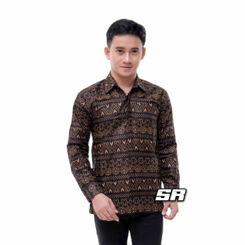 Batik Pria Lengan Panjang BATIK AZMIL HRB026 motif KERATONAN Kode 002 size M L XL XXL Reguler-semut coklat