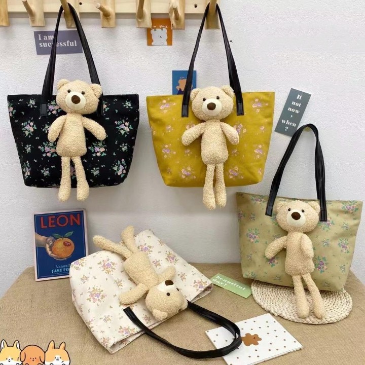 Tas Tote Bahu Shoulder Bag Wanita Ukuran Besar Boneka Bear Beruang Kanvas Motif Bunga Impor