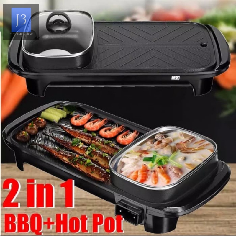 TURUN HARGA Kompor Panggangan Bbq Dan Hotpot Listrik 2 In 1 1300watt Grill Bbq Hotpot Elektrik Anti lengket Panggangan listrik serbaguna Bakar Bakso Sate Sosis Rebus Goreng Bakar Panci Listrik Barbeque Steamboat Teppanyaki Panggangan