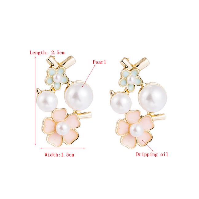 LRC Anting Tusuk Fashion Pink Dripping Pearl Flower Hollow Alloy Earrings D94298