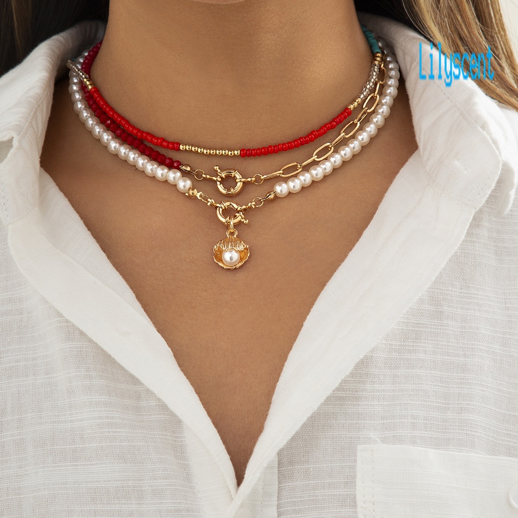 3pcs Kalung Multilayer Dengan Liontin Mutiara Imitasi Untuk Wanita