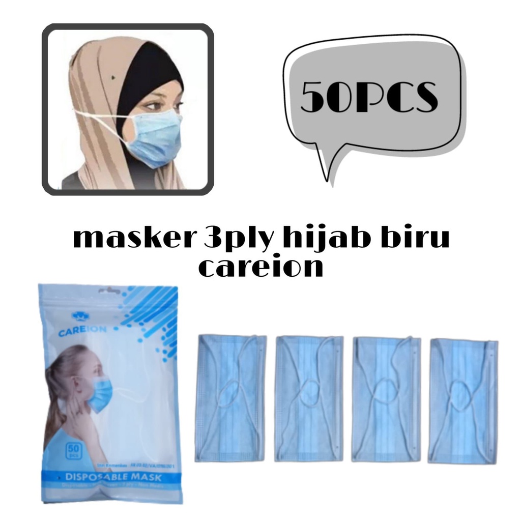 3PLY HIJAB CAREION - MASKER 3PLY HITAM BLACK CAREION EARLOOP HIJAB DISPOSABLE FACE MASK 1 BOX 50 PC