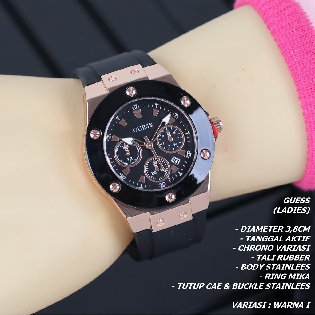 JAM TANGAN WANITA GUESS TALI RUBBER BODY BULAT TANGGAL AKTIF CHRONO OFF