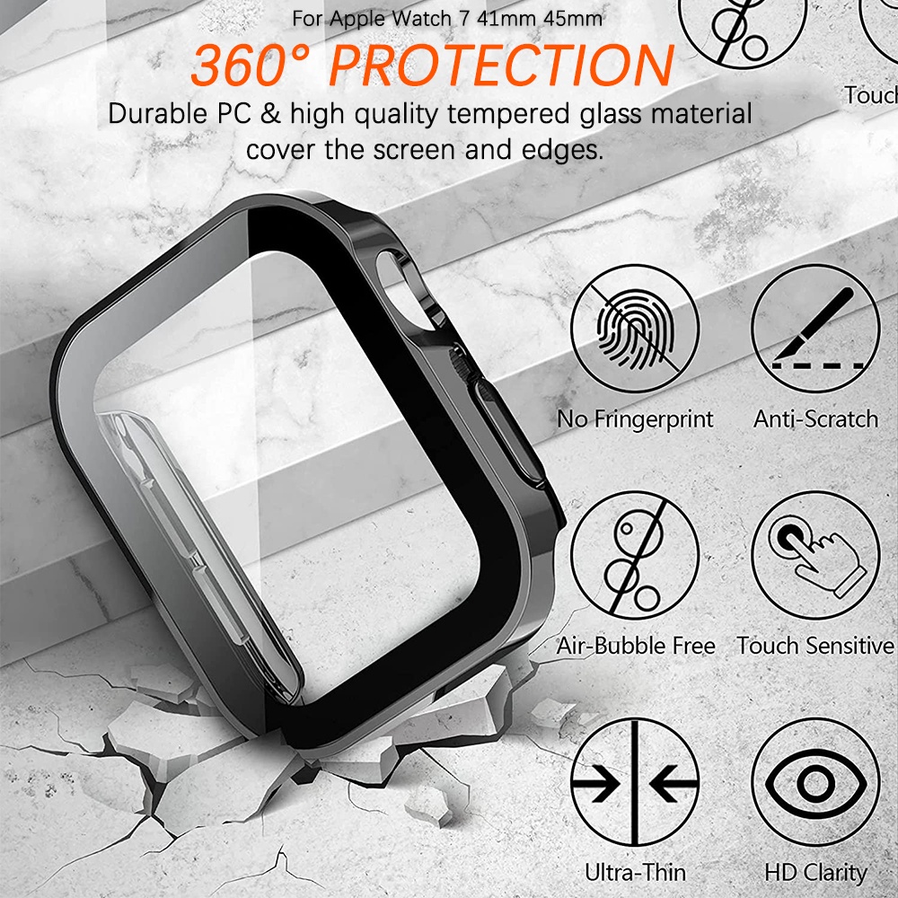 Avv Case Dengan Pelindung Layar Untuk Apple Watch Series8 /7 /6/SE 41mm 45mm 40mm 44mm, Full Pelindung Tempered Glass Film Hard PC Bumper Straight Edge Cover Untuk Iwatch8/741/45mm