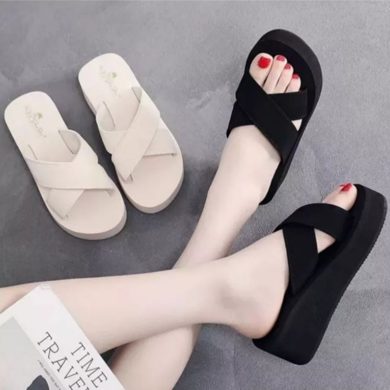 sandal wedges wanita slop silang x virall terpopuler