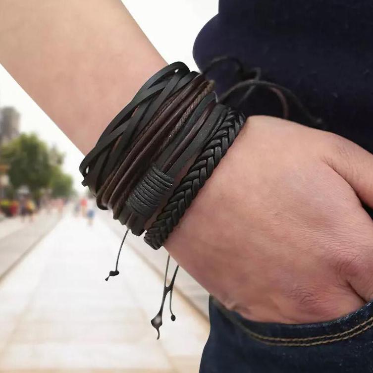 G1M6 ♥SKY♥ Set Gelang Tangan ISI 4PCS ap Kulit Kepang Gaya Retro Untuk Pria TS0