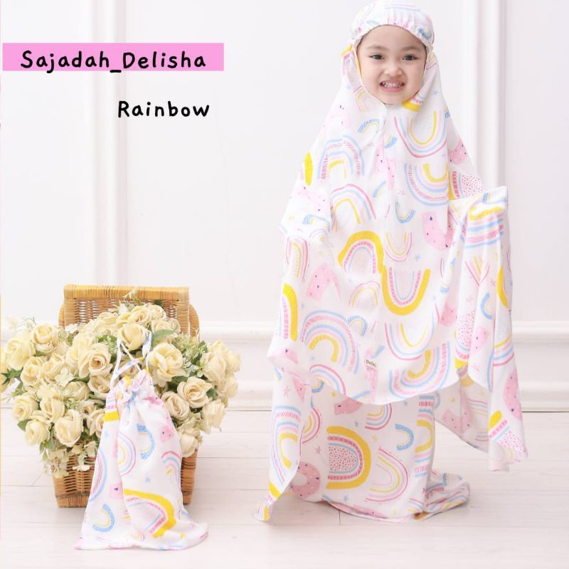 MUKENA COUPLE ANAK DAN DEWASA MOTIF RAINBOW/MUKENA ATASAN BAWAHAN RAYON PREMIUM