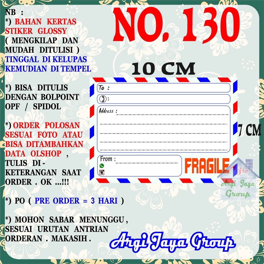 

Stiker Pengiriman - Sticker Alamat Olshop Murah Nomer 130 - 10x7 cm - Glossy