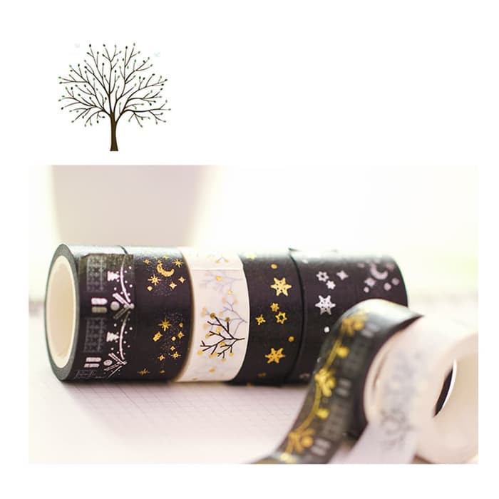 Japanese Washi Tape - Set Black White Gold and Silver Pattern