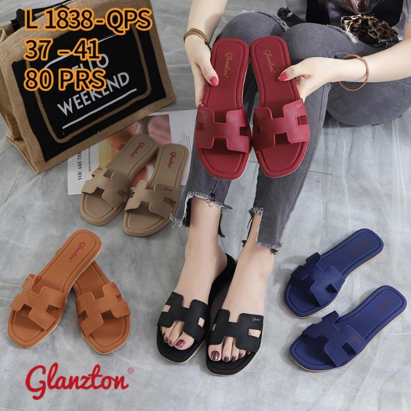 Sandal Flat Wanita Casual Jelly Shoes Polos Merk Glanzton