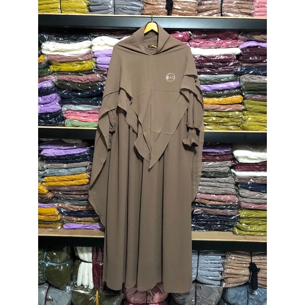 Gamis syari hasanah bahan ceruty baby doll premium full furing / busui / resleting-MOCCA SOFT