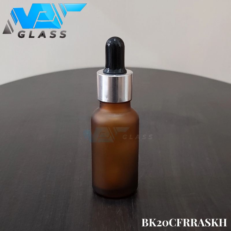 botol pipet kaca 20ml doff frosted coklat amber - ring almunium silver