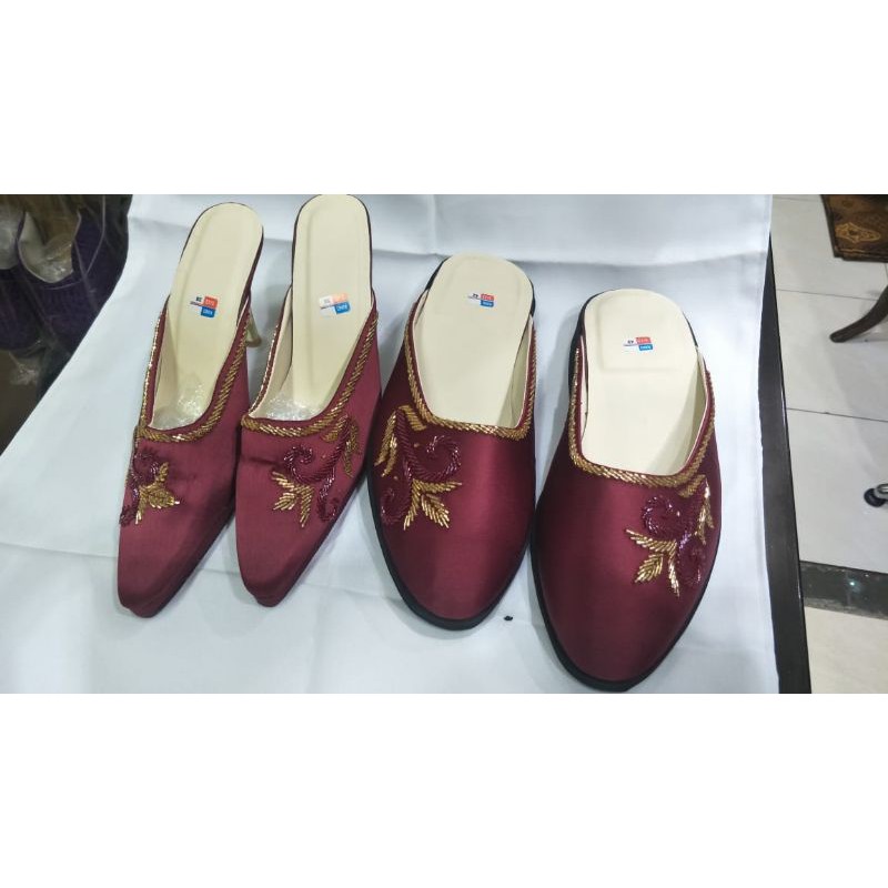 Selop Merah Maroon Payet Kombinasi Pasangan Pengantin Cowok Cewek