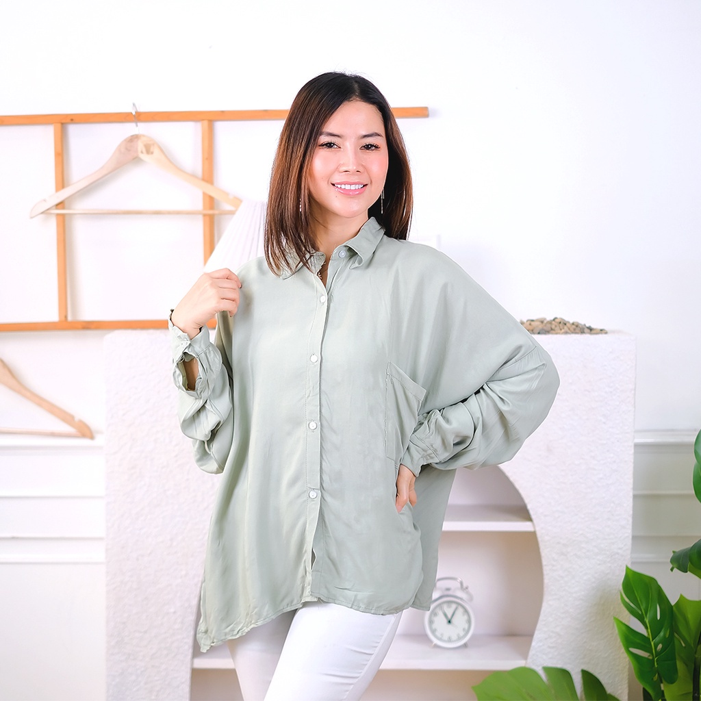 Tq88indonesia Fashion Baju Kemeja Wanita Lengan Panjang / Sweet Kate RAYON DIAMOND Oversize Pocket Shirt Army / Kem Polos Putih / Ootd