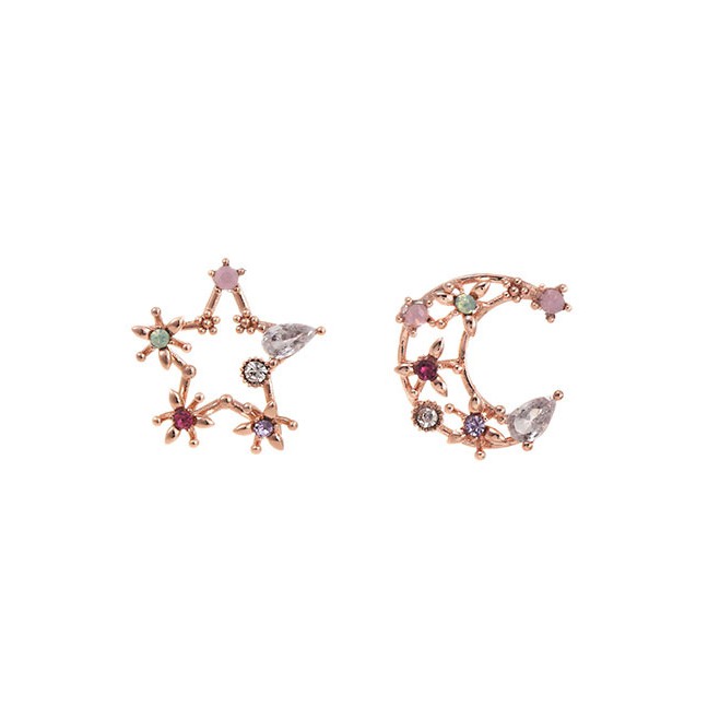 LRC Anting Tusuk Fashion Rose Gold Asymmetric Stud Earrings With Diamonds And Stars D94124