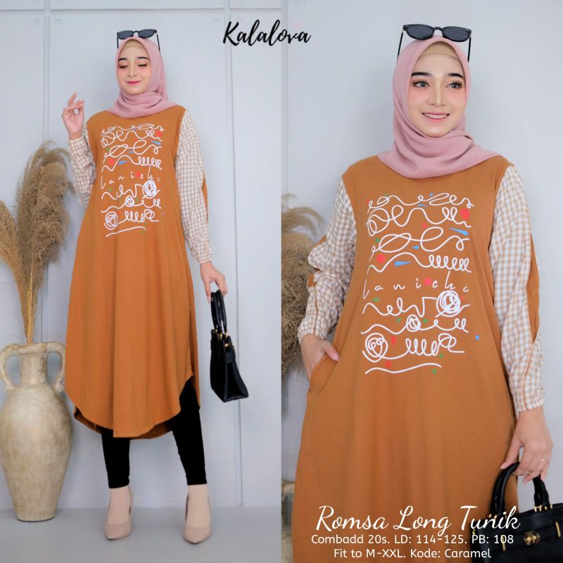 Long Tunik Kekinian Lengan Motif Kotak-Kotak Terbaru.Romsa Tunik Panjang Bahan Combad Premium Qualit