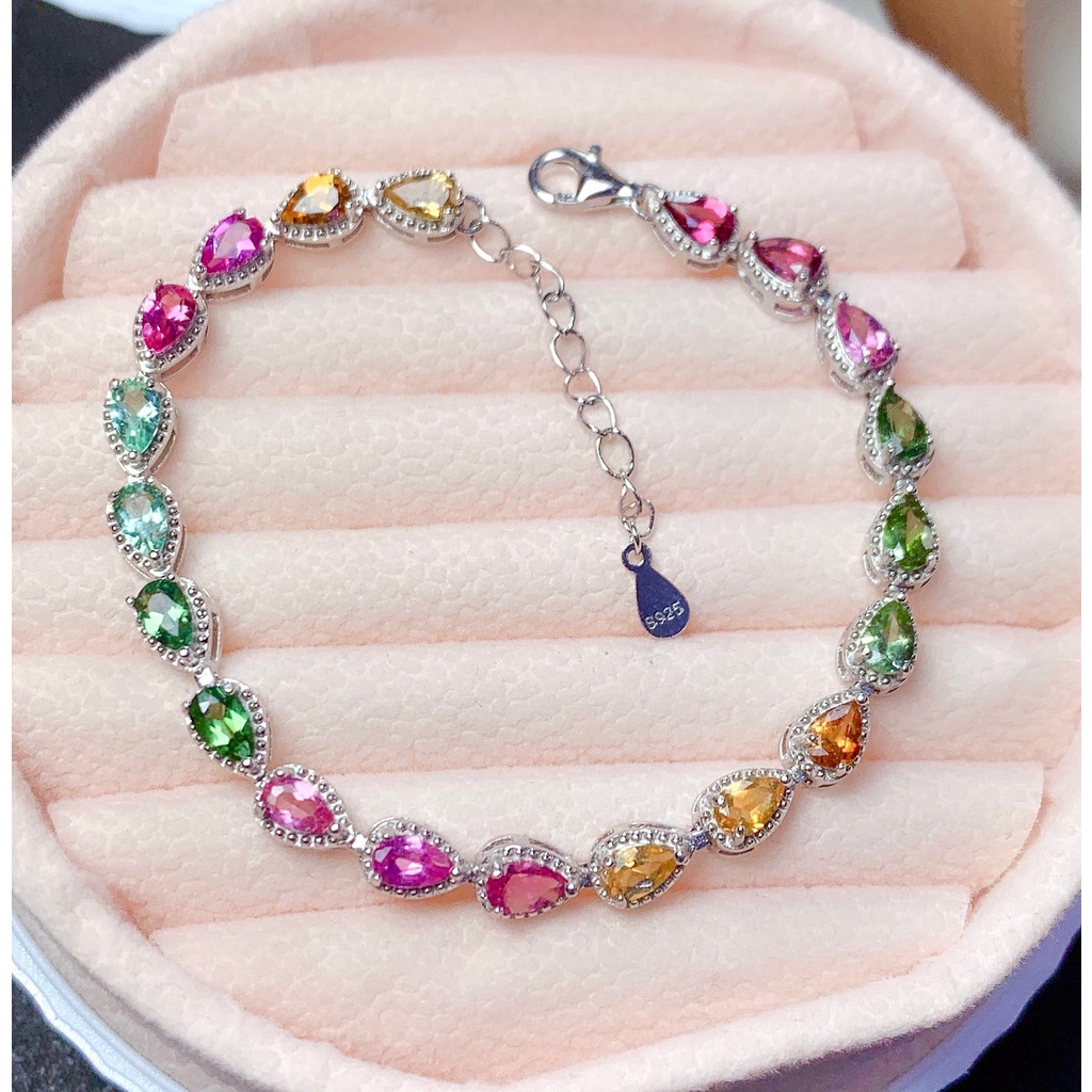 Gelang S925 Silver Gold 18k Hias Turmalin Warna Pelangi Untuk Wanita