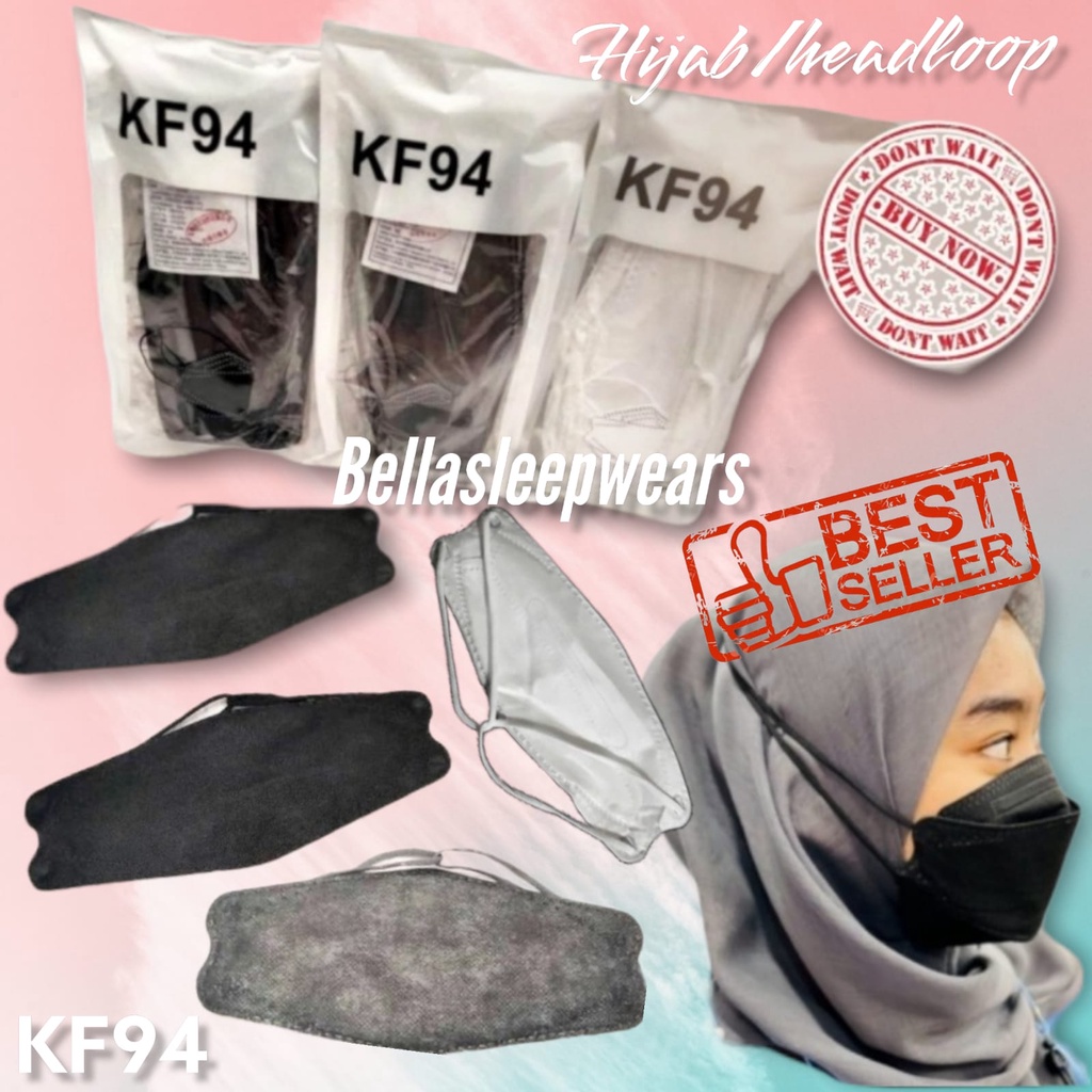 MASKER KF94 4PLY HIJAB HEADLOOP HITAM PUTIH BIRU - ECERAN