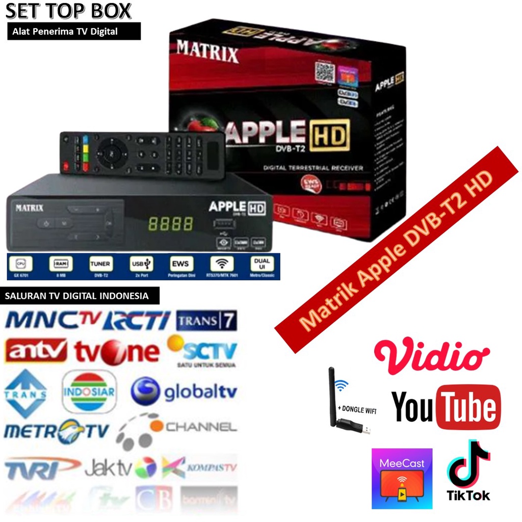 Set Top Box (STB) Matrix Apple DVB-T2 HD Alat penerima siaran TV Digital terbaru bisa Youtube Tiktok