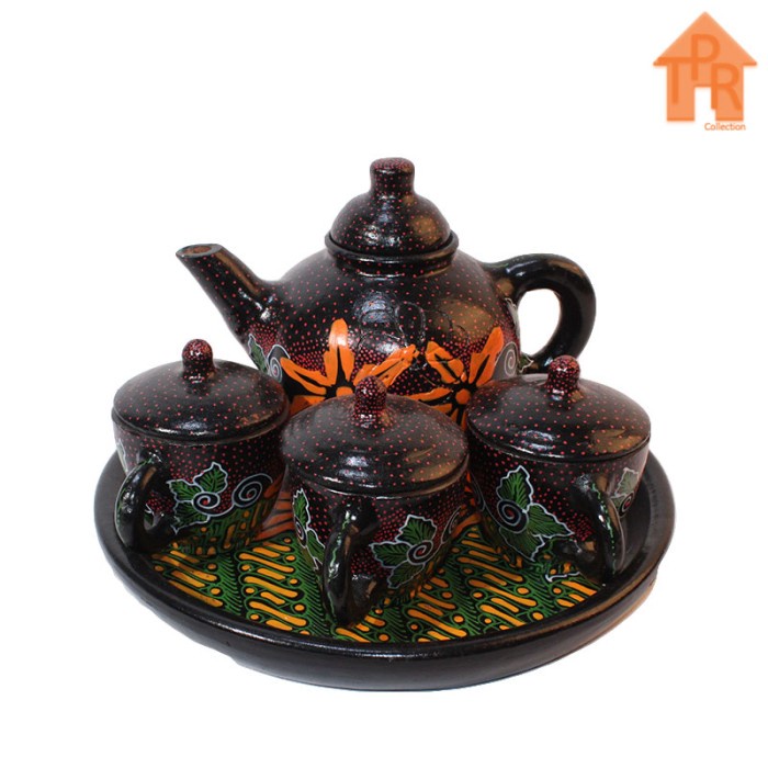 Gerabah Tea Set Premium - Poci Batik Tulis - Motif Dot O