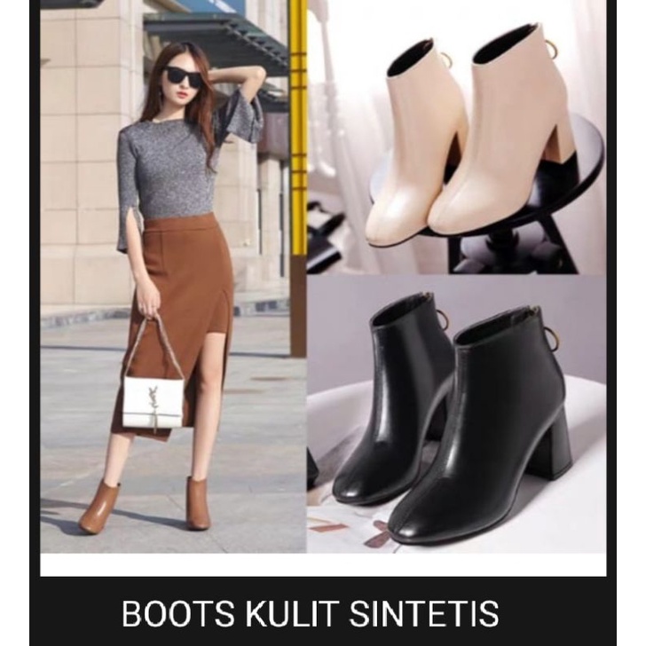 SEPATU BOOTS KULIT SINTETIS BOOT WANITA HAK PENDEK KOTAK HEELS VINTAGE MODEL EMORY IMPORT