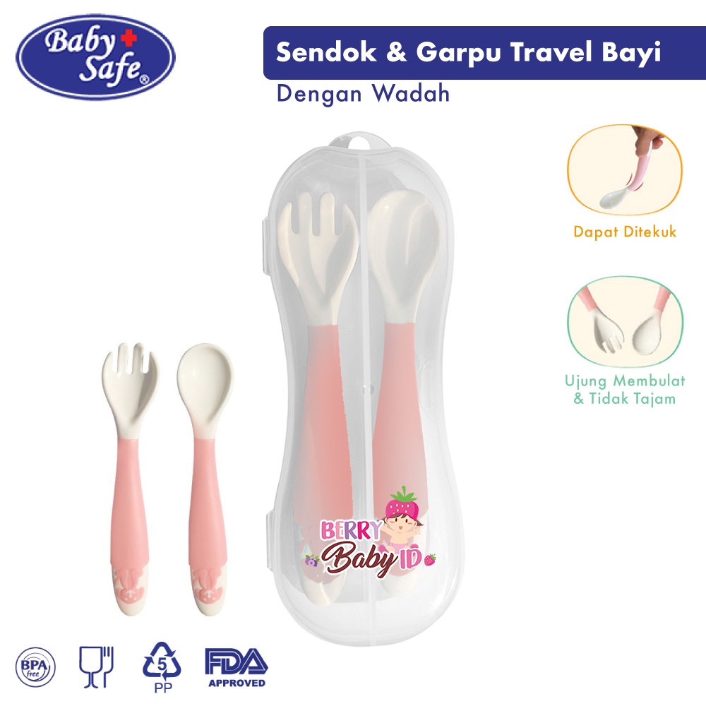 Baby Safe Bendable Spoon &amp; Fork Sendok Garpu Bayi Travel dengan Wadah BBS081 Berry Mart