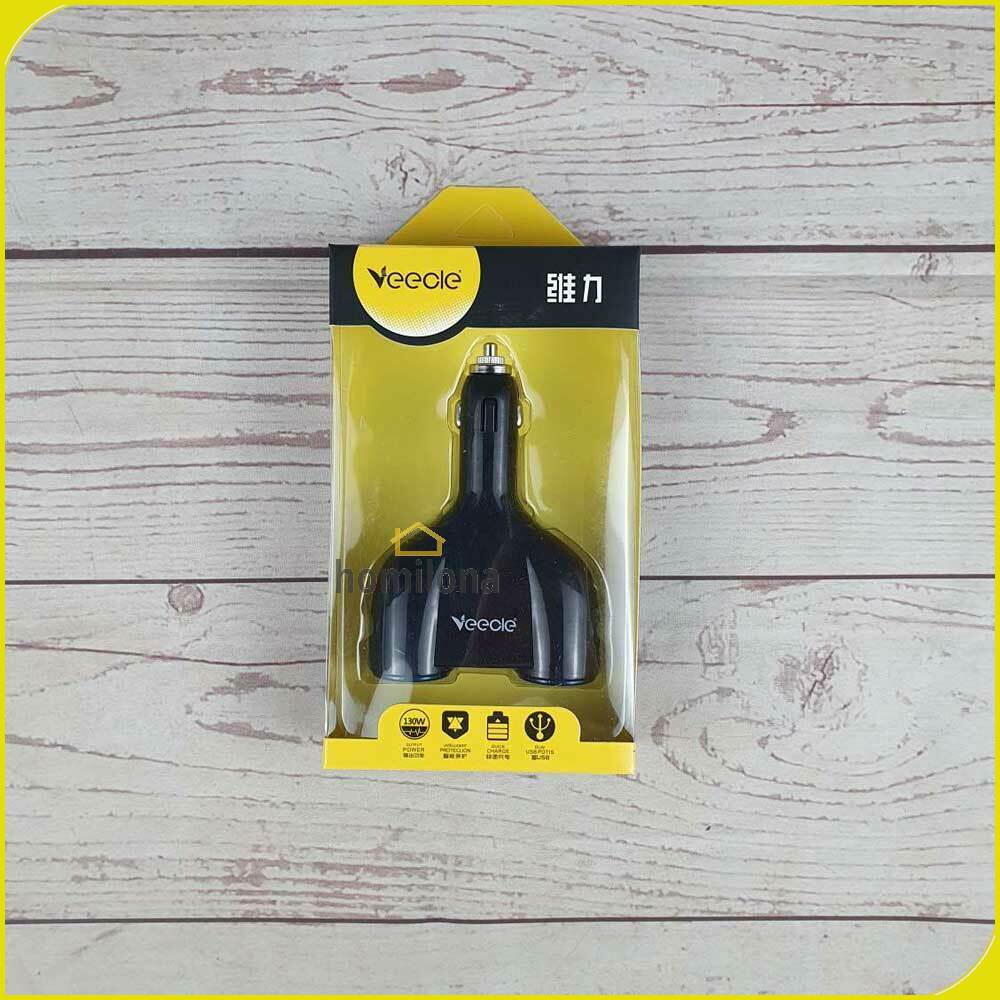 USB Car Charger 2 Port dengan 2 Cigarette Plug 130W - Veecle KY-512 - Black