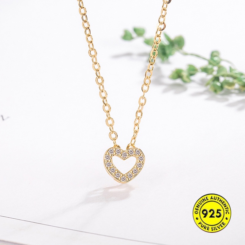 Kalung Rantai Lapis Emas 18K Dengan Liontin Hati Hollow Aksen Berlian Untuk Wanita