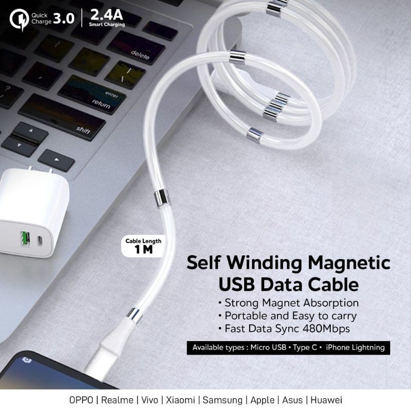 hokkiterus21 KABEL DATA GULUNG magnet fast charging iphone micro type c usb lightning magnetic ori