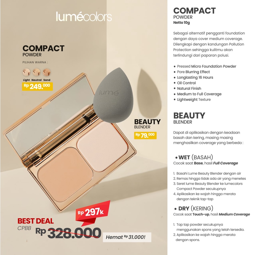 (Free Emas) Lumecolors Paket Hemat Bundling bedak padat Compact powder + Beauty Blender