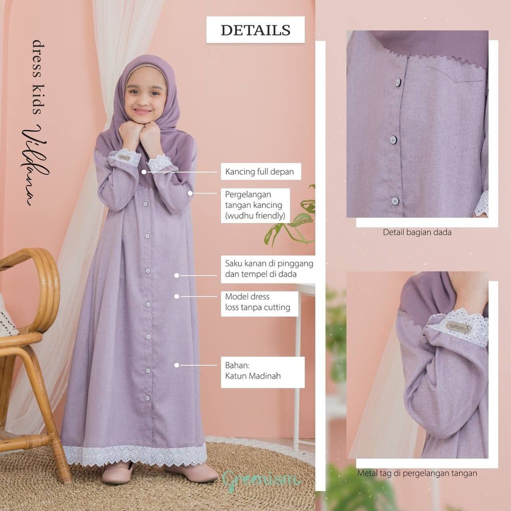 Greenism Gamis Anak Usia 1 - 10 Tahun  Vildana Quality Premium Dress - Gamis Kids Baju Muslim Anak Perempuan Pakaian Muslim Anak Perempuan