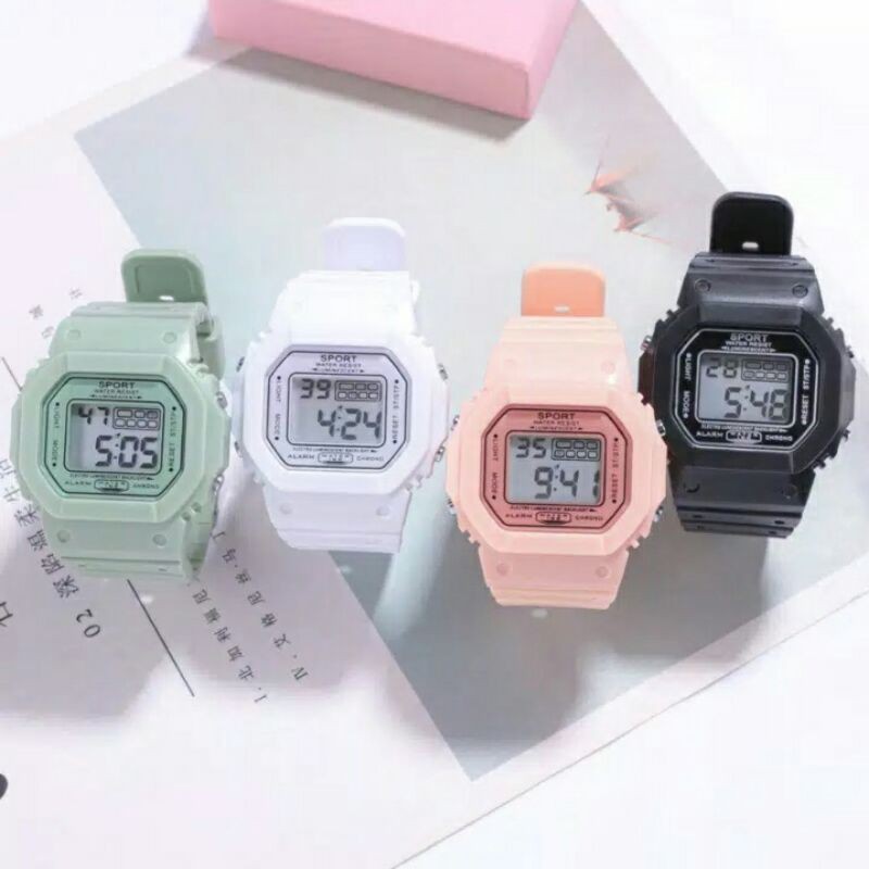 JAM TANGAN WANITA RUBBER DIGITAL SEGI DW 5600 BUNGA KARET GROSIR MURAH