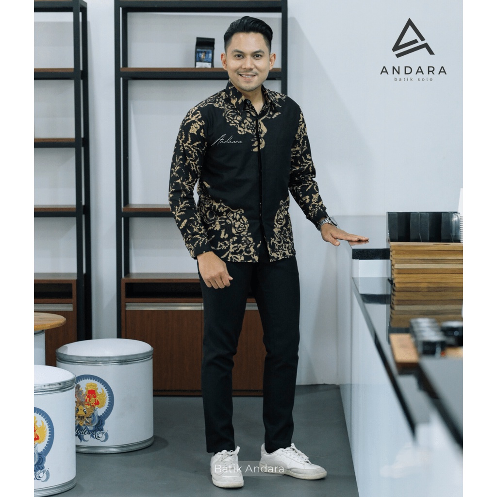 AKAR WIGUNA Baju Batik pria Lengan Panjang Modern slimfit Kasual Jagu Biru Best Seller Rekomendet Katun Solo Sragenan Terlaris Regular Fit