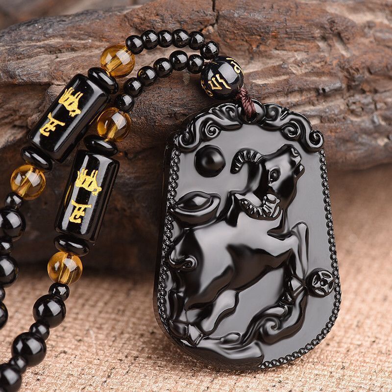 Kalung Liontin Batu Obsidian Motif Zodiak Cina Retro Klasik Untuk Pria