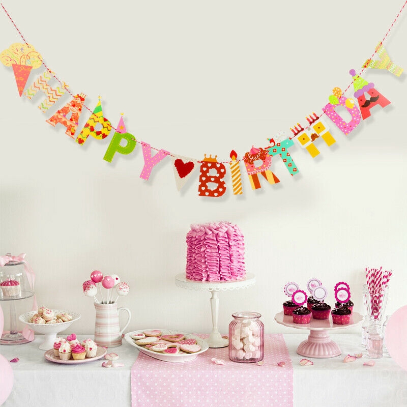 Lucu Kartun Happy Birthday Kertas Banner Bunting Baby Shower Dekoarasi Bendera Warna-Warni Gantung Garland Pesta Supply