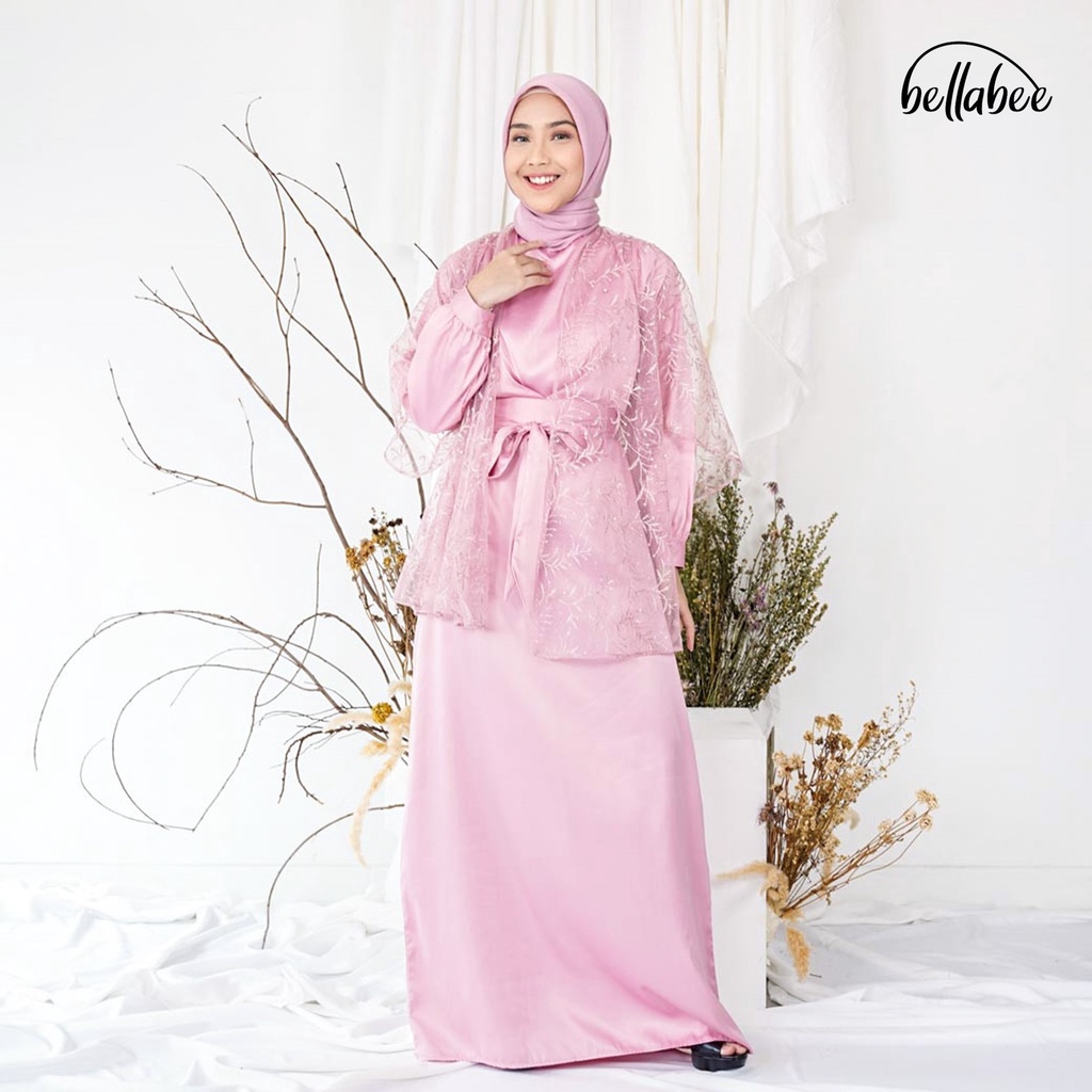 BELLABEE - Lucy Maxi Dress - Baju Gaun Gamis Satin Silk dan Outer Set Lace Tile Bordir Premium Mutia