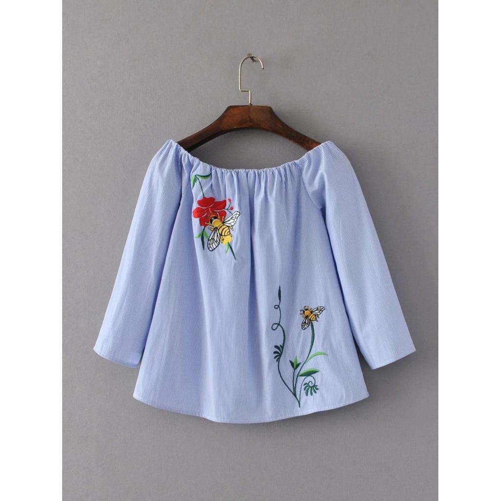 Sabrina Blouse Lengan Panjang Import - 44784 Stripe Off-shoulder Top