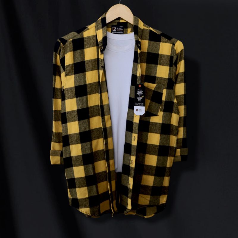 Kemeja flanel pria unisek flanel wanita panjang kotak-kotak kualitas impor bisa pilih motif-Kotak hitam kuning