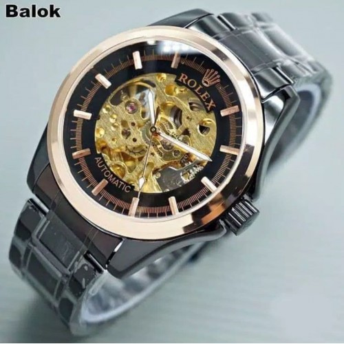 Jam Tangan Pria fashion pria / arloji pria/ cowok Rolex Automatic Transparan Hitam Rantai steinleis