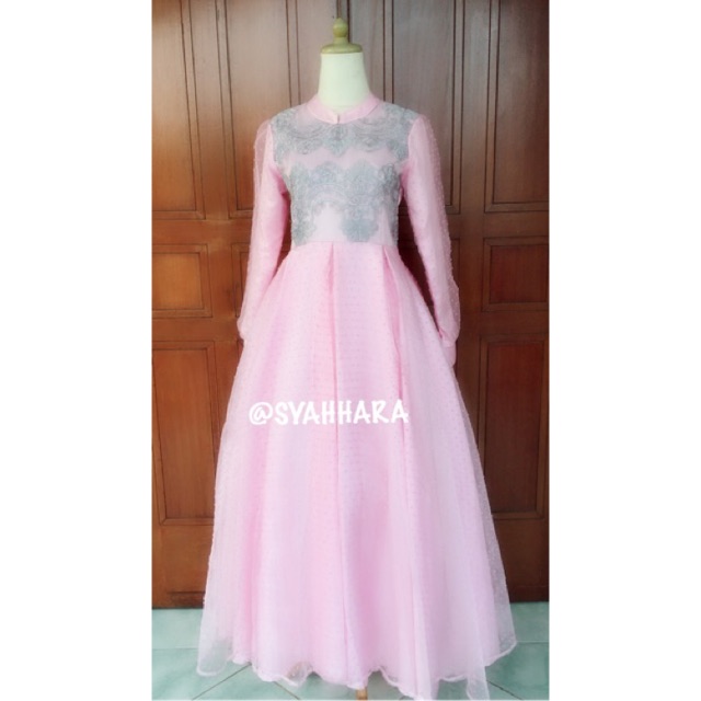 Dress Pesta Brokat kombinasi organza Dot
