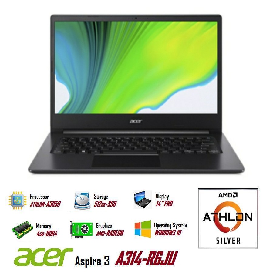 LAPTOP ACER ASPIRE 3 Slim A314-22-R6JU (Athlon Silver 3050U 4GB 512SSD 14&quot;Inch FHD W10 &amp; OHS 2019)