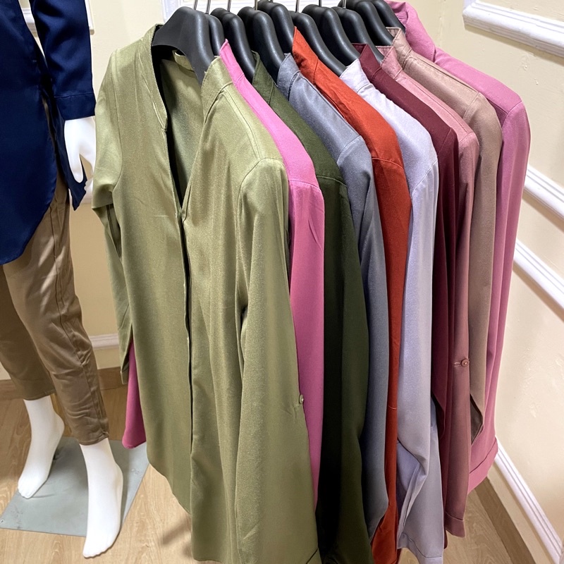 Kemeja Tunik Styves Rayon Polos Wanita Kerah Sanghai Lengan Panjang Busui Kemeja Kerja Kantor Dan Casual