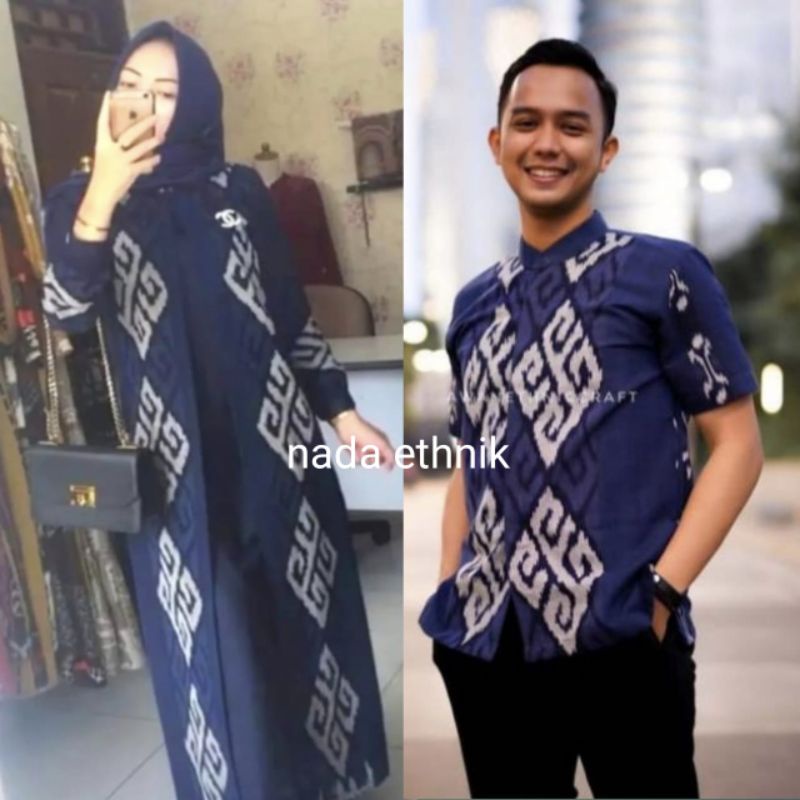 set couple gamis tenun etnik asli muslim muslimah baju seragam keluarga kondangan pesta prewedding kantor sarimbit dress tunik wanita motif sumba toraja ntb ntt jepara outer ourora ory kardigan kemeja pria panjang pendek