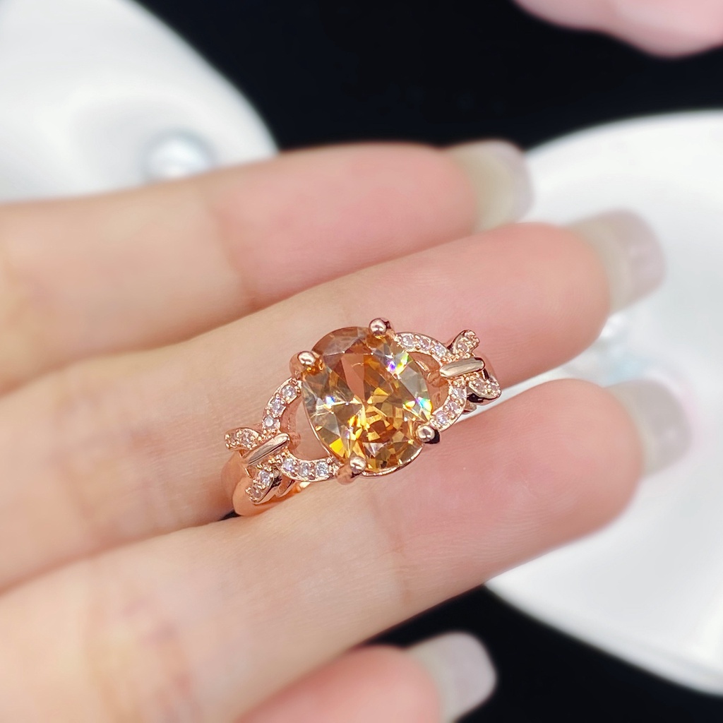 Permata Sampanye Cincin Baja Titanium Kristal Rose Gold Berlian Fashion Wanita Pertunangan Pernikahan Rings