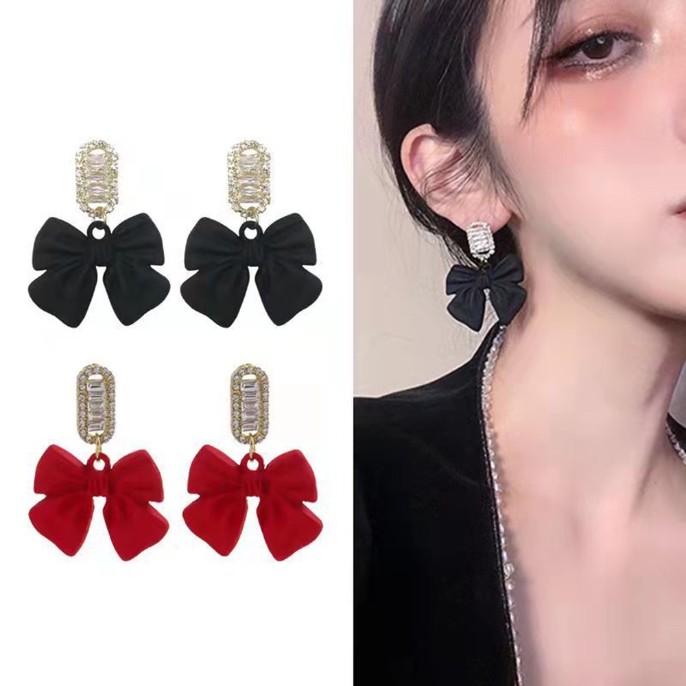 1 Pasang Anting Tusuk Gantung Sterling Silver 925 Desain Pita Merahhitam Hias Berlian Gaya Korea Untuk Wanita