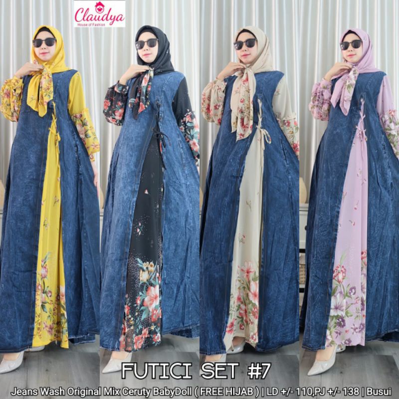 FREE HIJAB SETELAN OUTER JEANS + GAMIS BUNGA FUTICI SET #7 BY CLAUDYA