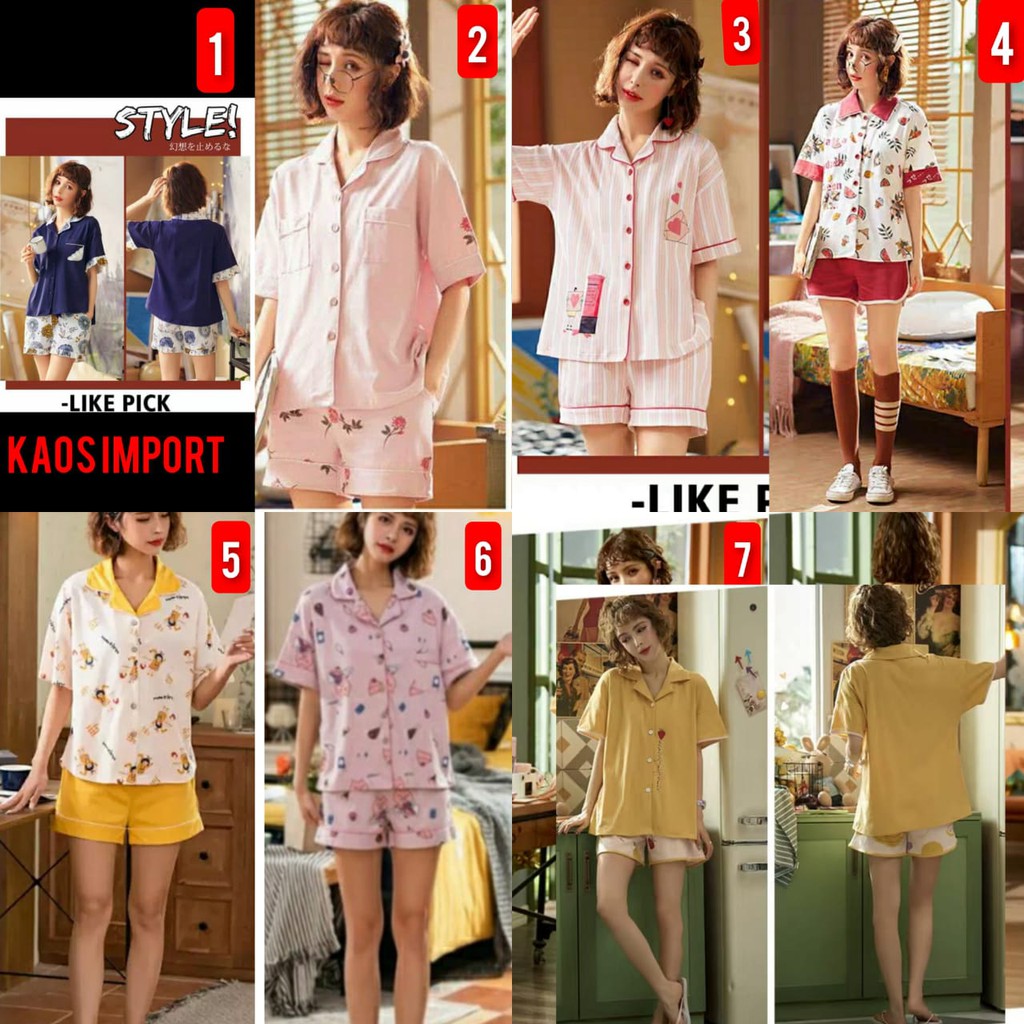 BAJU TIDUR PIYAMA WANITA KRAH KANCING LENGAN PENDEK SETELAN CELANA PENDEK KATUN IMPORT BERKUALITAS MOTIF TERBARU SIZE M-2XL FIT TO 70KG