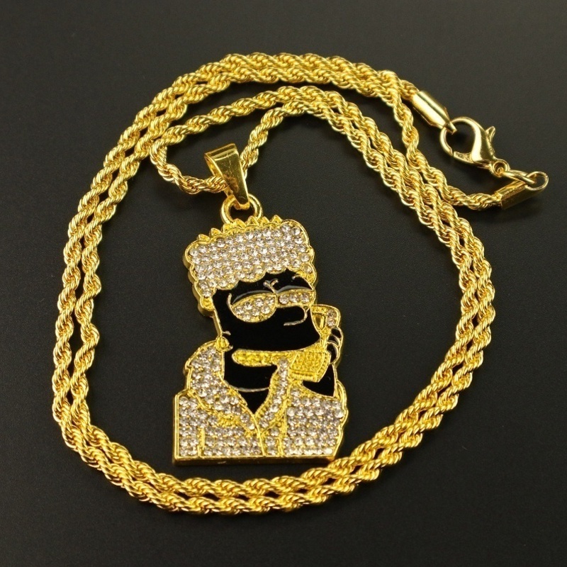 Kalung Liontin Lensa Kacamata Hitam 18K gold Hias Zircon Gaya Hip Hop Rock Untuk Pria