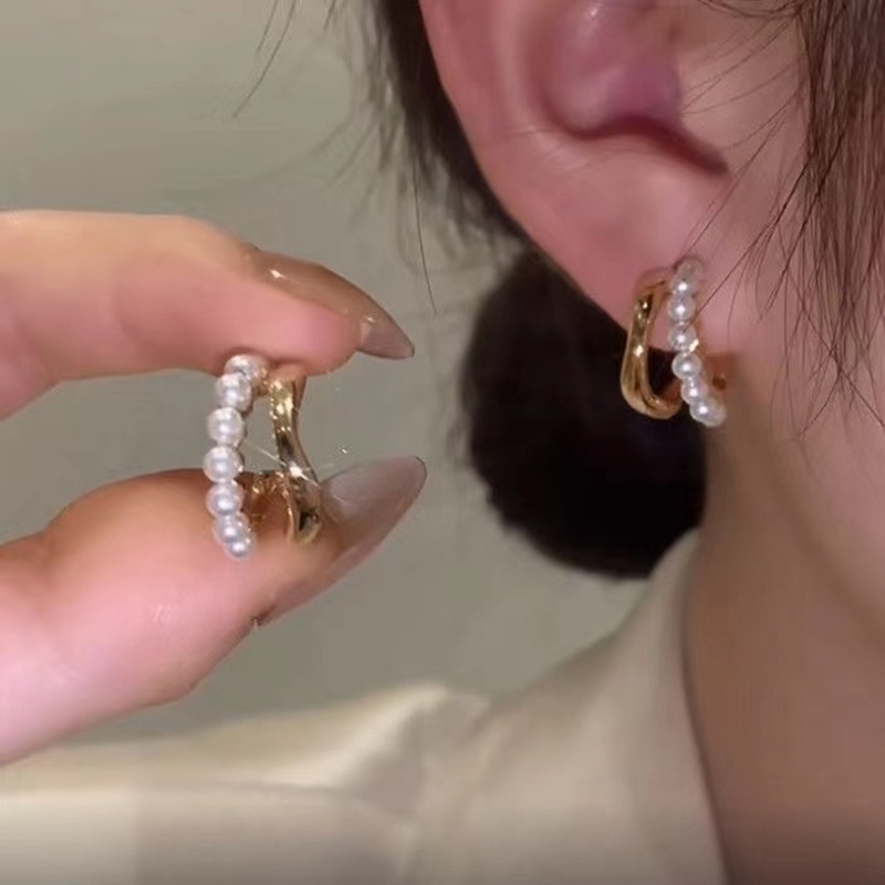 Anting Stud Bentuk C Double Layer Aksen Mutiara Gaya Korea Untuk Wanita